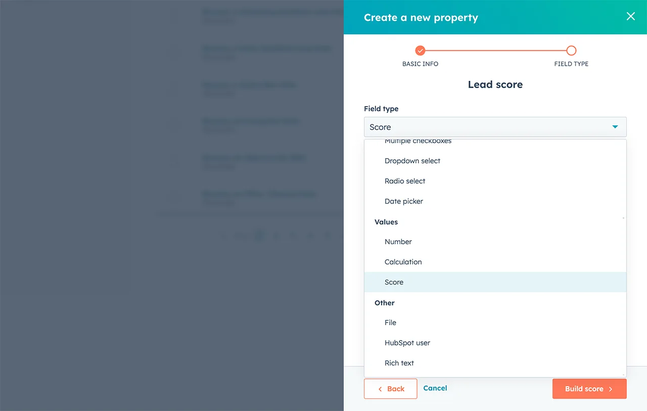 HubSpot's lead scoring tool showing custom scoring